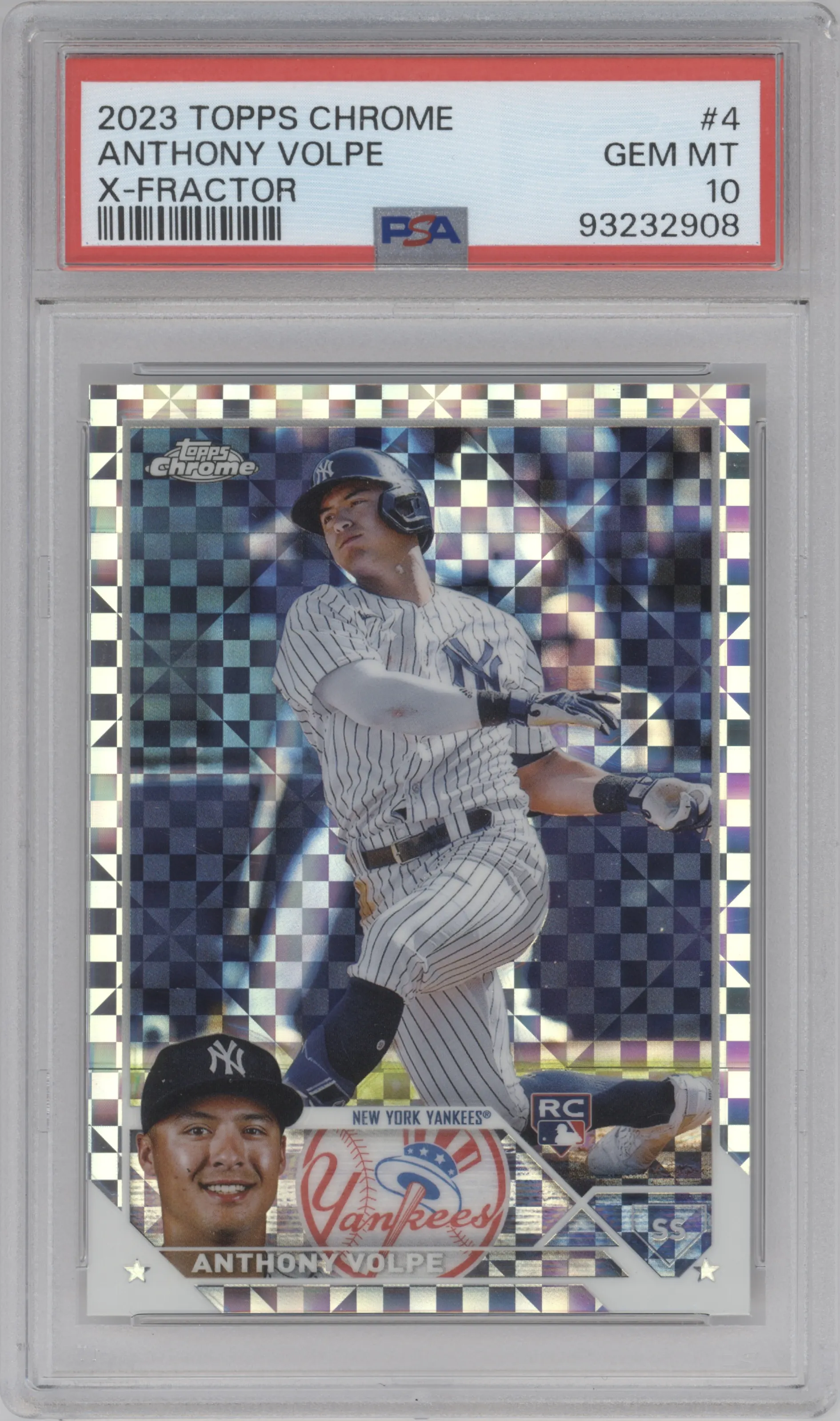 Anthony Volpe from the 2023 Topps Chrome set featuring a X-Fractor parallel graded by PSA and given an overall grade of 10.