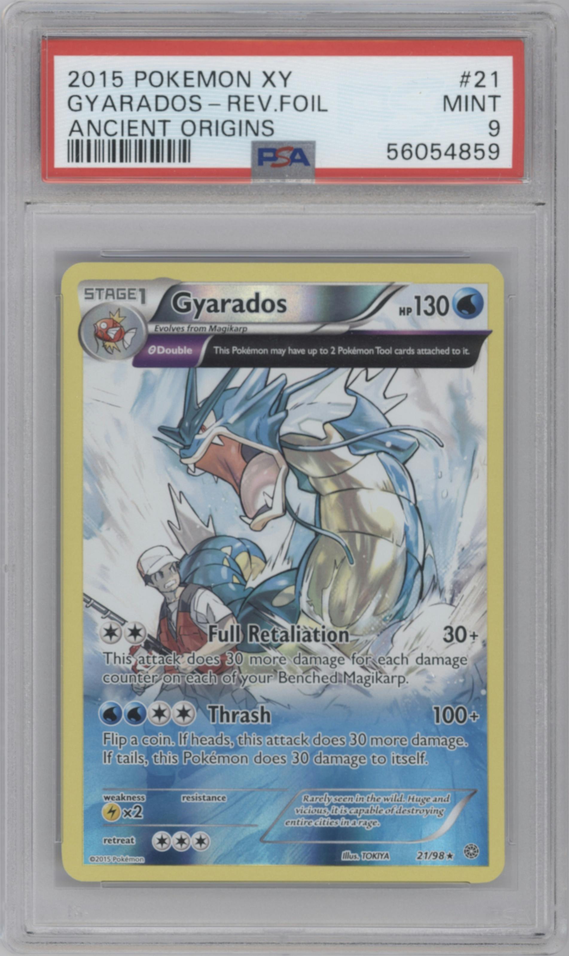 Gyarados from the 2015 Pokemon XY set graded by PSA and given an overall grade of 9.