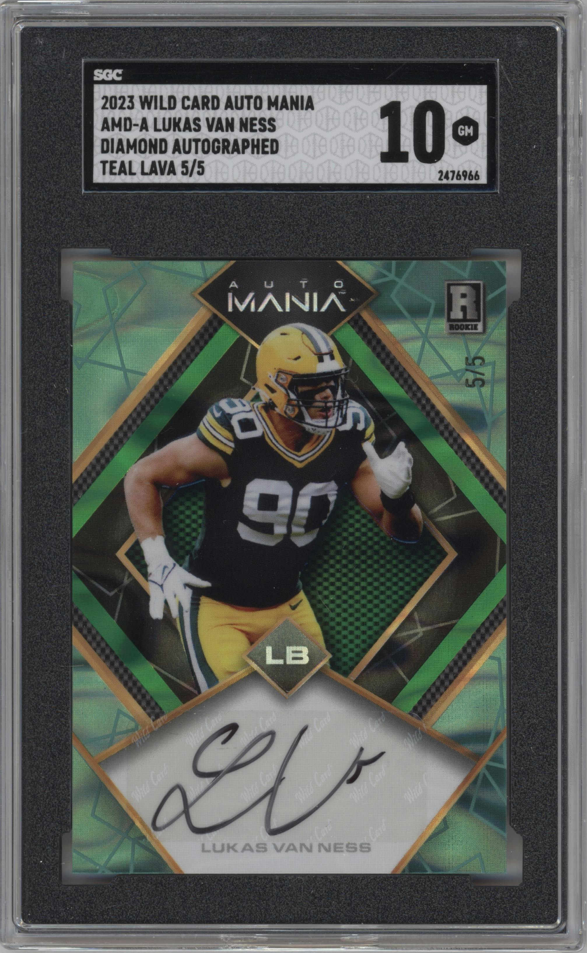 Lukas Van Ness from the 2023 Wild Card Auto Mania Pro-Look set featuring a Teal Lava parallel graded by SGC and given an overall grade of 10.