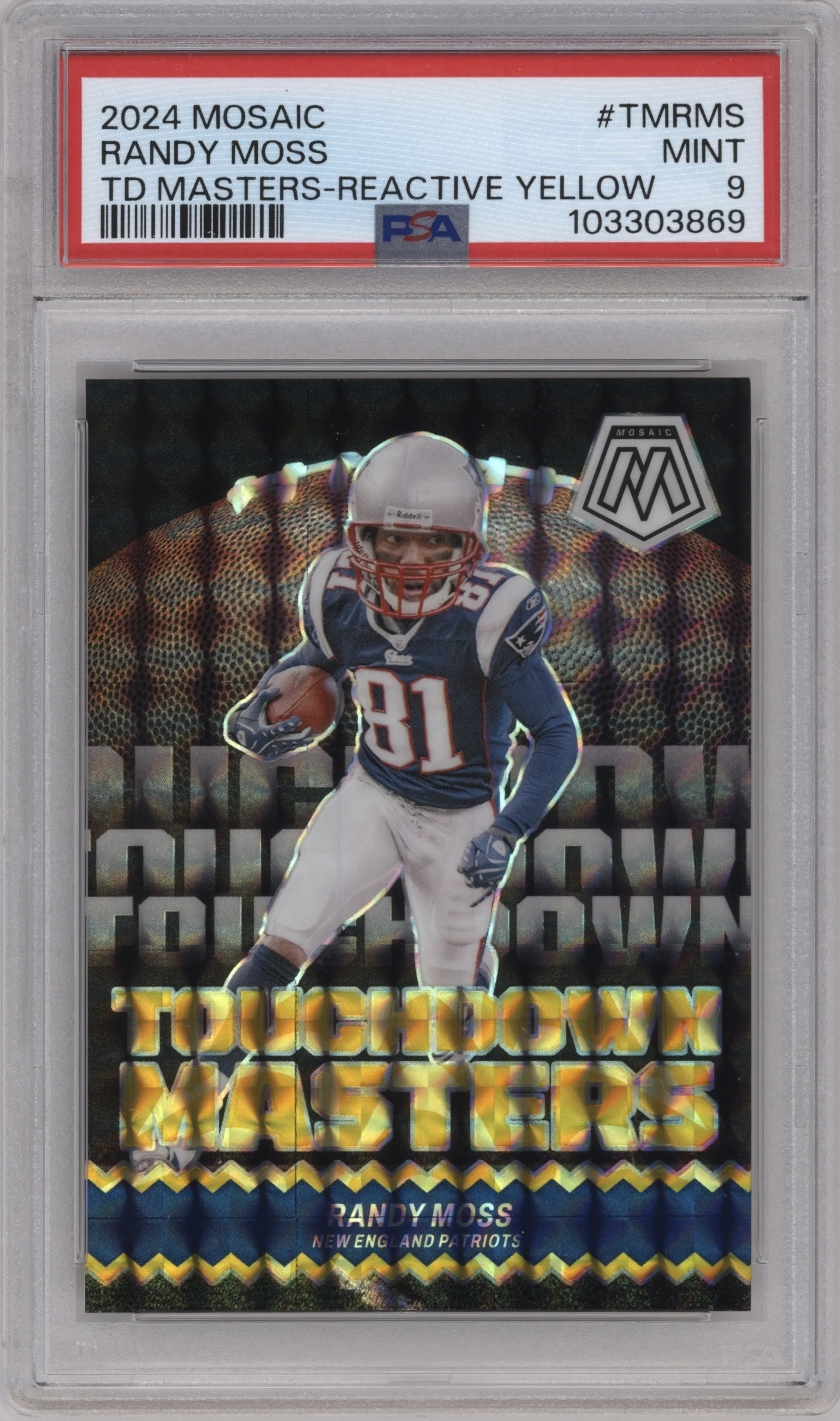 Randy Moss from the 2024 Panini Mosaic set featuring a Reactive Yellow parallel graded by PSA and given an overall grade of 9.