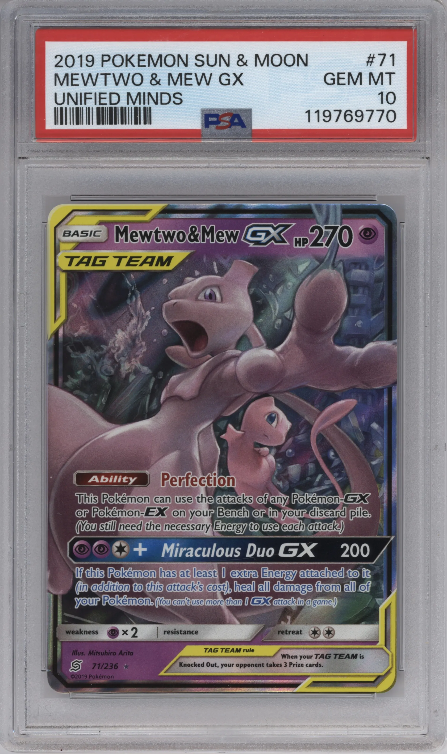 Mewtwo/Mew GX from the 2019 Pokemon S&M  set graded by PSA and given an overall grade of 10.
