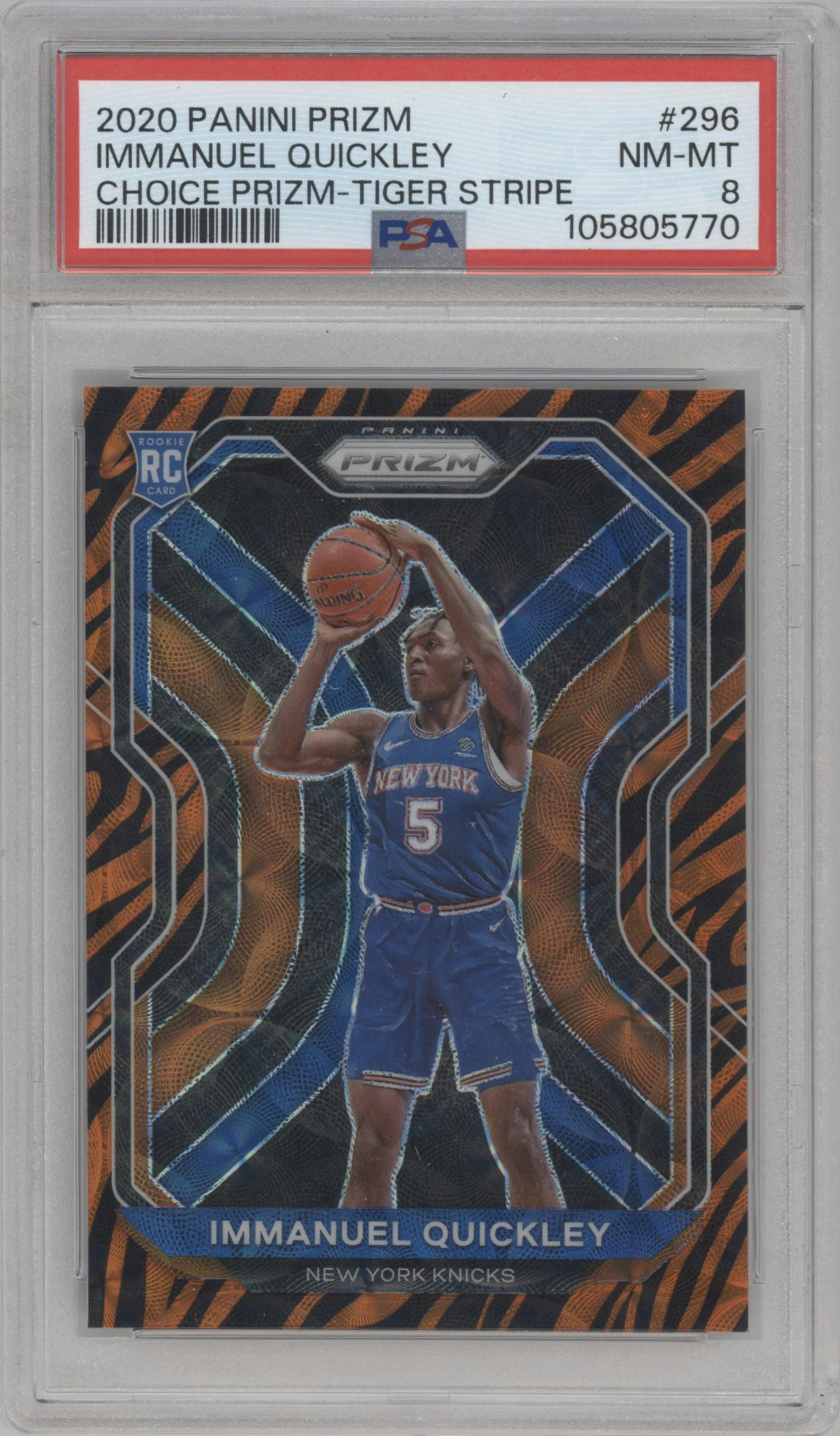 Immanuel Quickley from the 2020-21 Panini Prizm set featuring a Choice Tiger Stripe parallel graded by PSA and given an overall grade of 8.