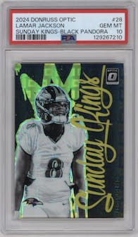 Lamar Jackson from the 2024 Donruss Optic set featuring a Black Pandora  parallel graded by PSA and given an overall grade of 10.