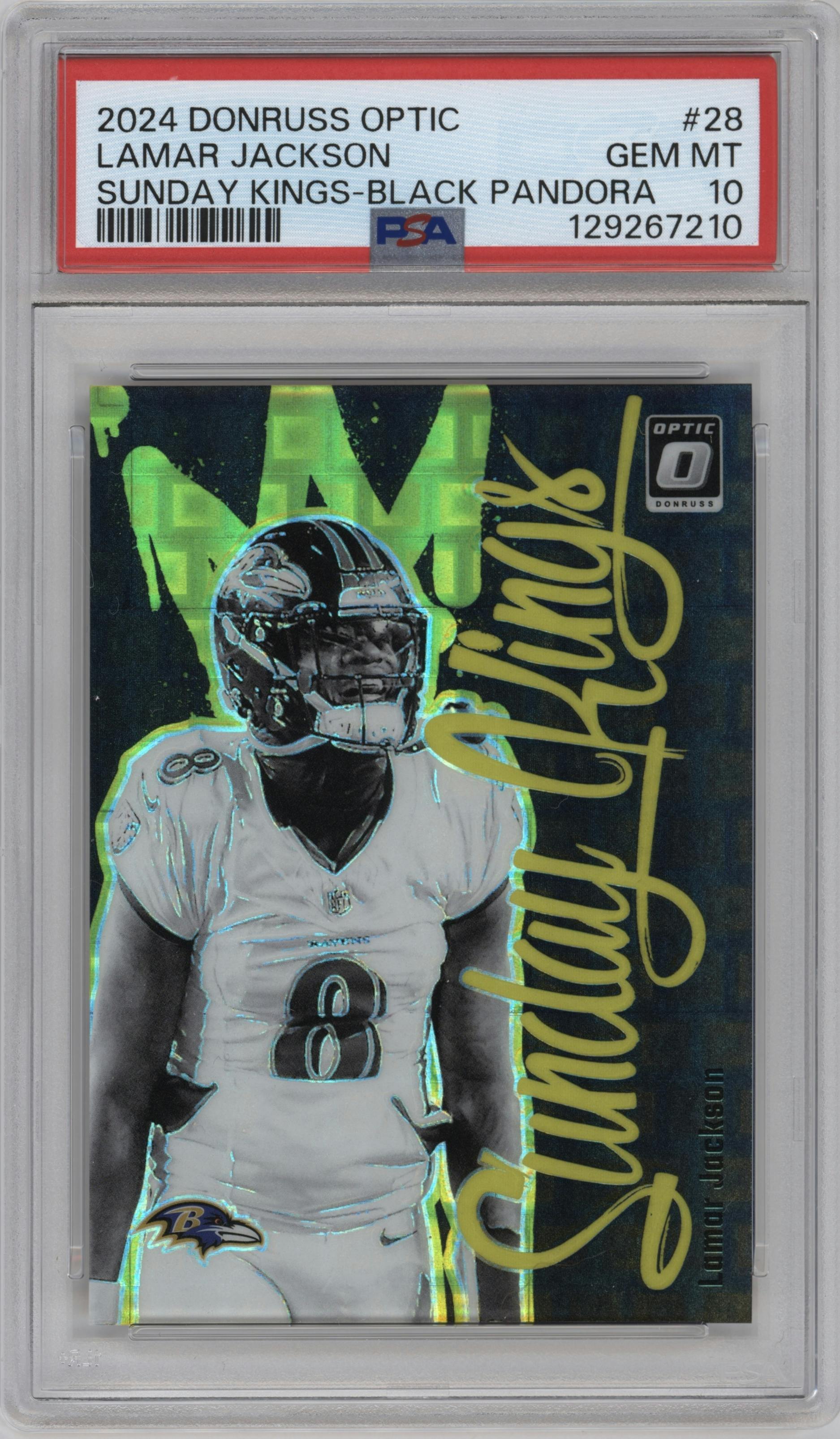 Lamar Jackson from the 2024 Donruss Optic set featuring a Black Pandora  parallel graded by PSA and given an overall grade of 10.