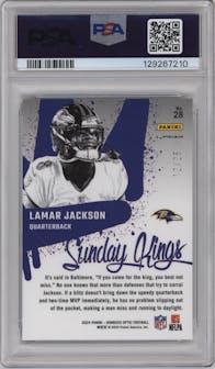 Lamar Jackson from the 2024 Donruss Optic set featuring a Black Pandora  parallel graded by PSA and given an overall grade of 10.