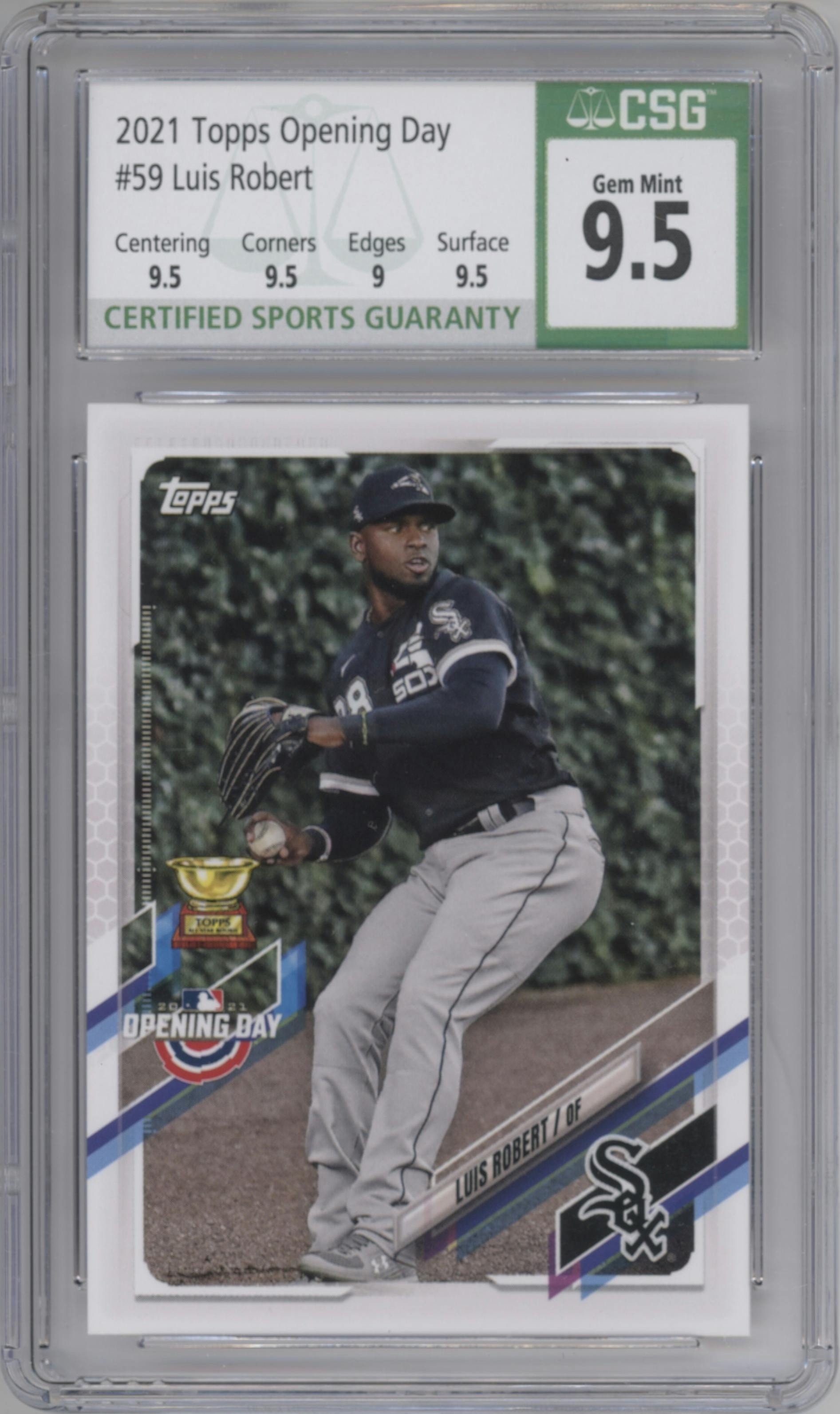 Luis Robert from the 2021 Topps Opening Day set graded by CSG and given an overall grade of 9.5.