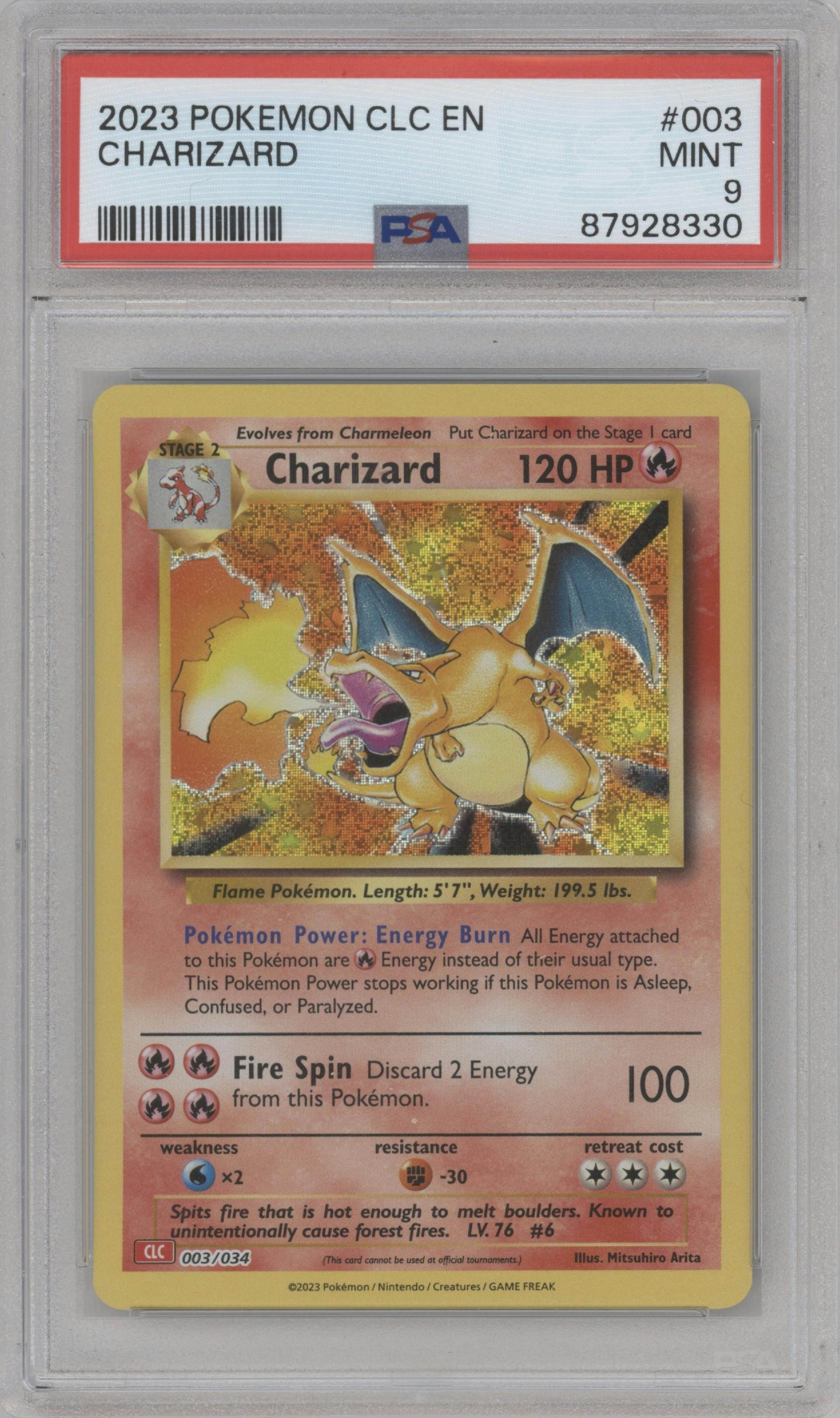 Charizard from the 2023 Pokemon CLC set graded by PSA and given an overall grade of 9.