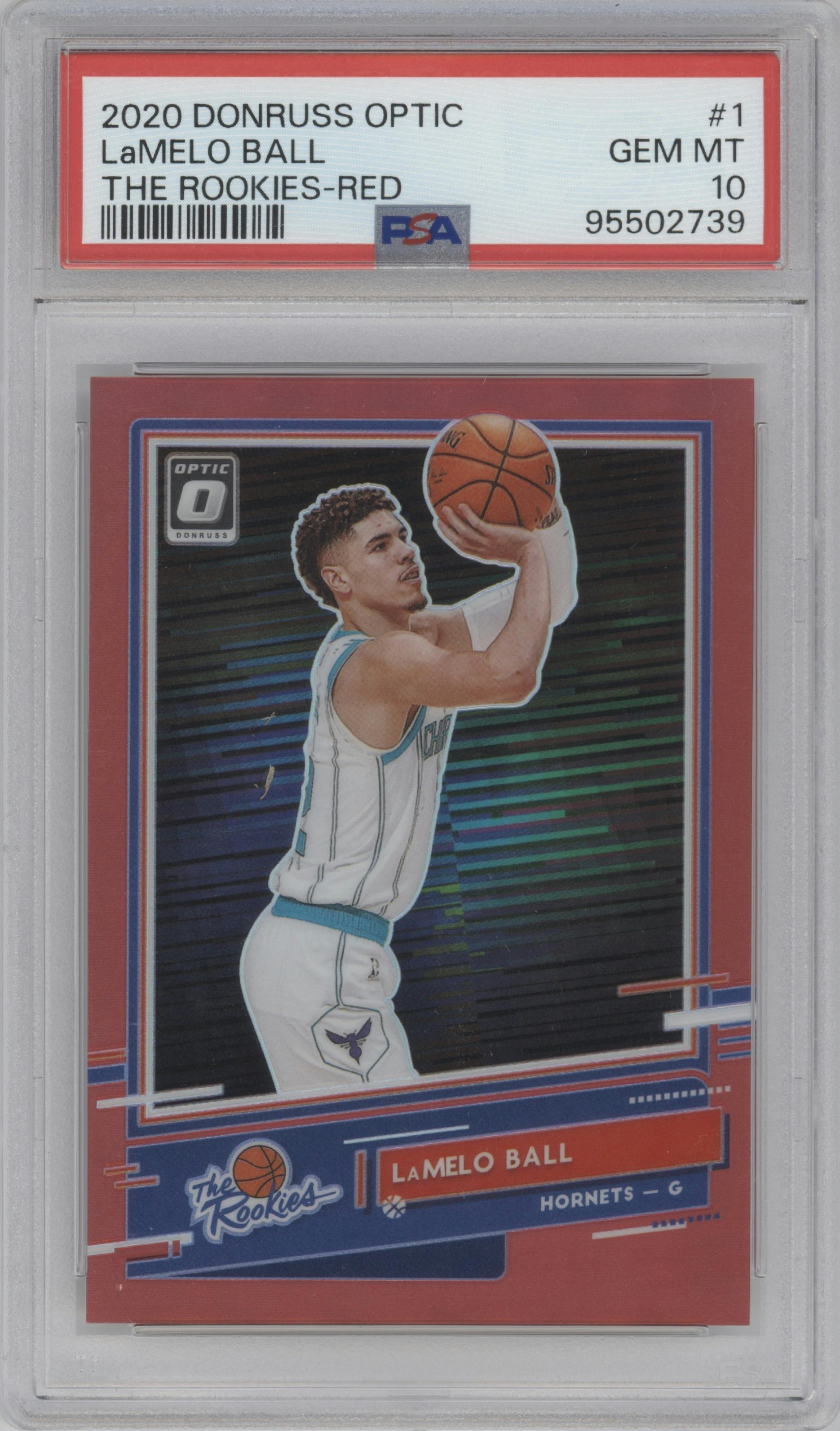 LaMelo Ball from the 2020-21 Panini Donruss Optic set featuring a Red parallel graded by PSA and given an overall grade of 10.
