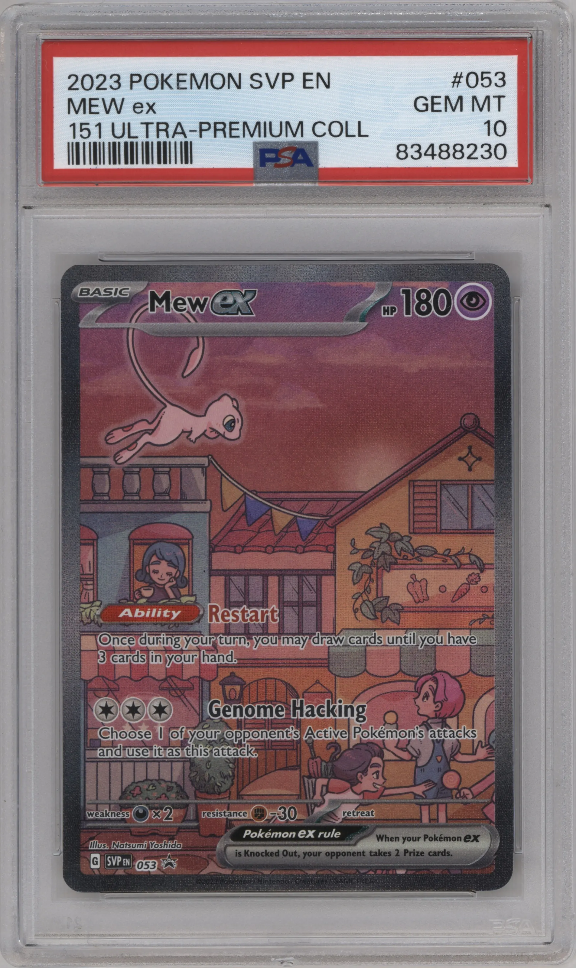 Mew ex from the 2023 Pokemon SV set featuring a Ultra Premium Collection parallel graded by PSA and given an overall grade of 10.