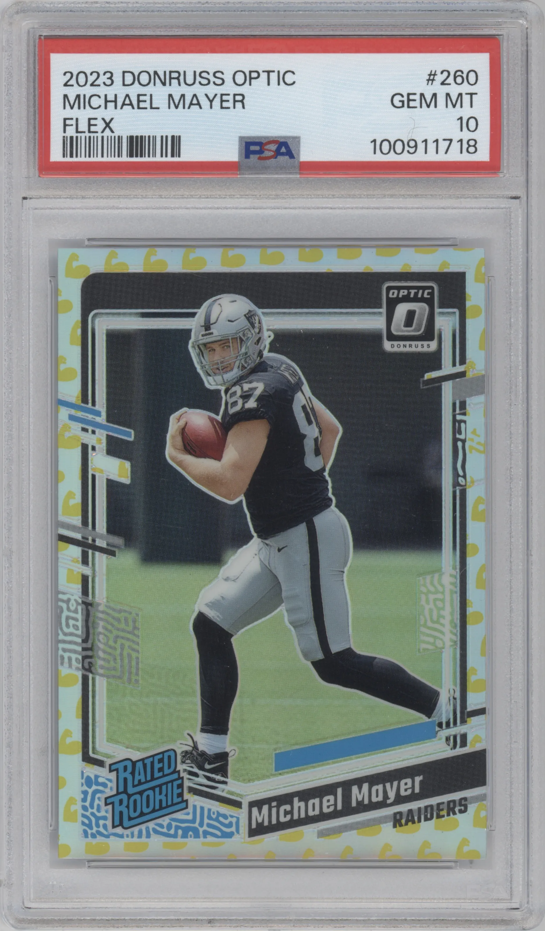 Michael Mayer from the 2023 Donruss Optic set featuring a Flex parallel graded by PSA and given an overall grade of 10.