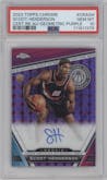 Scoot Henderson from the 2023-24 Topps Chrome set featuring a Purple Geometric Refractor parallel graded by PSA and given an overall grade of 10.