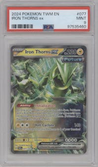 Iron Thorns ex from the 2024 Pokemon SV set graded by PSA and given an overall grade of 9.