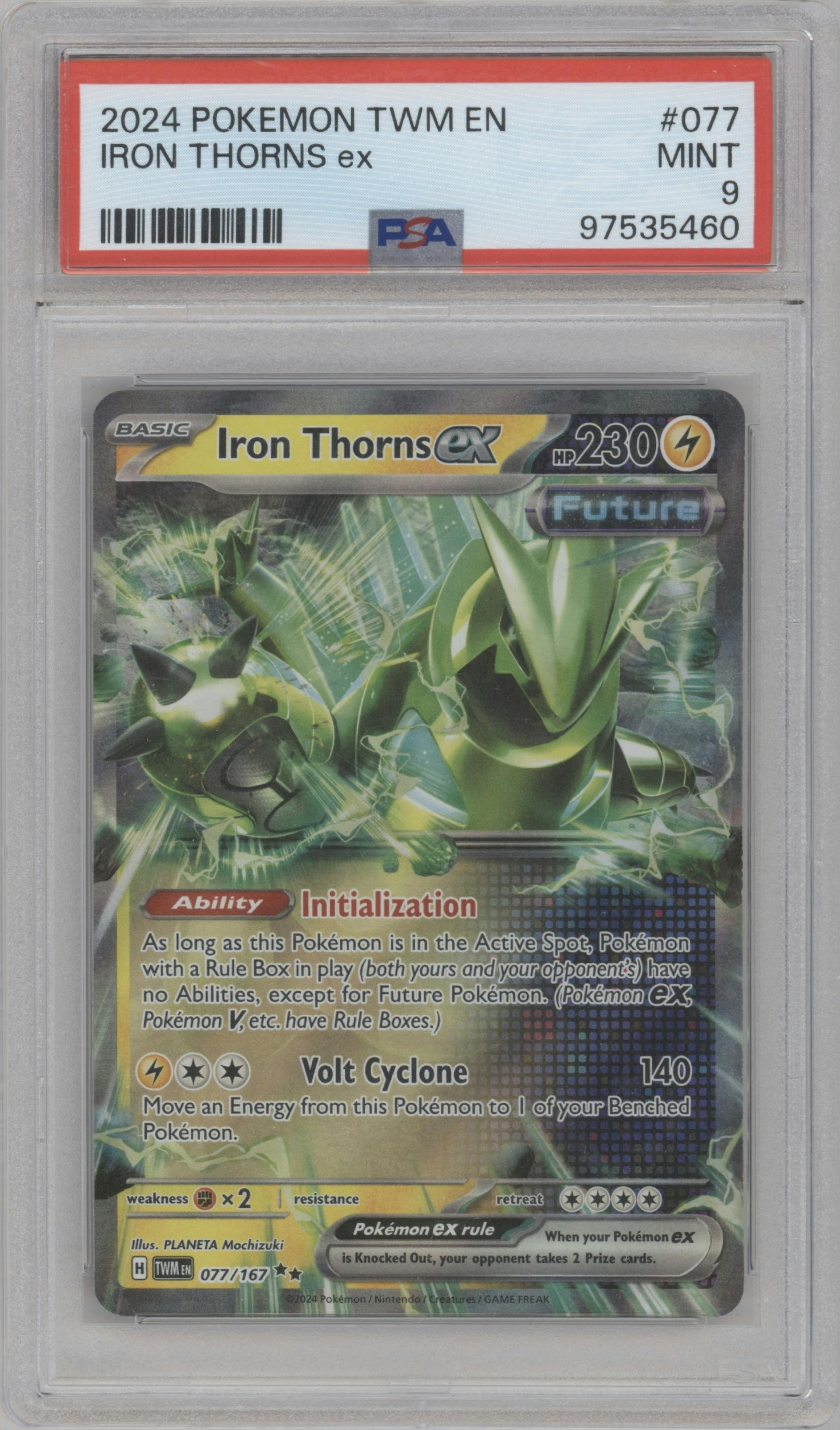 Iron Thorns ex from the 2024 Pokemon SV set graded by PSA and given an overall grade of 9.