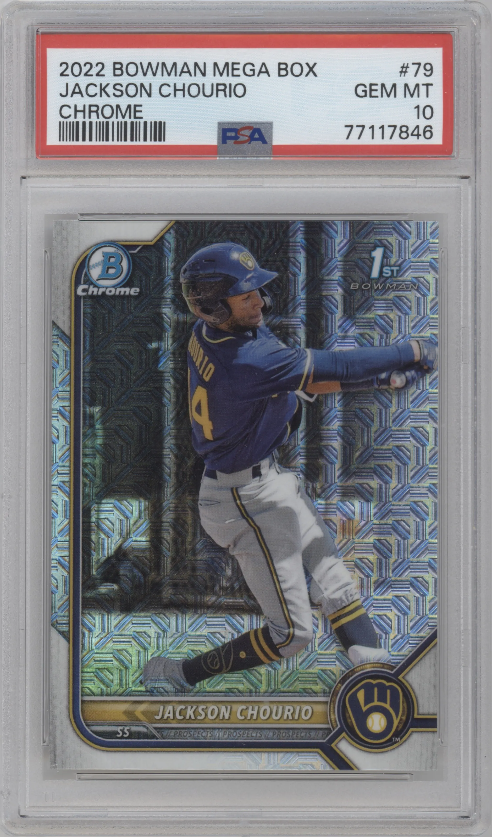 Jackson Chourio from the 2022 Bowman Mega Box set graded by PSA and given an overall grade of 10.