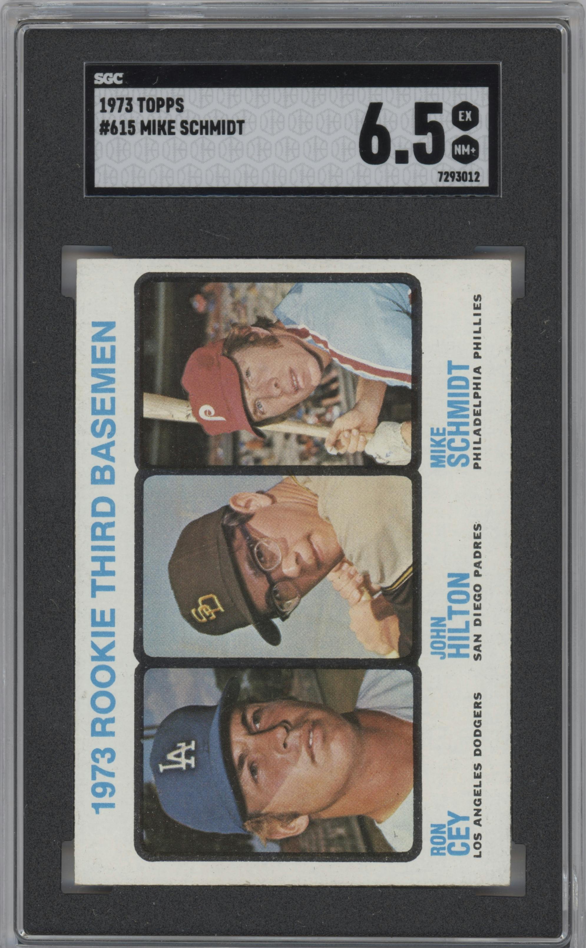 Ron Cey/John Hilton/Mike Schmidt from the 1973 Topps set graded by SGC and given an overall grade of 6.5.