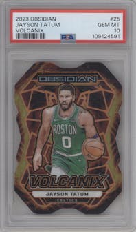 Jayson Tatum from the 2023-24 Panini Obsidian set graded by PSA and given an overall grade of 10.