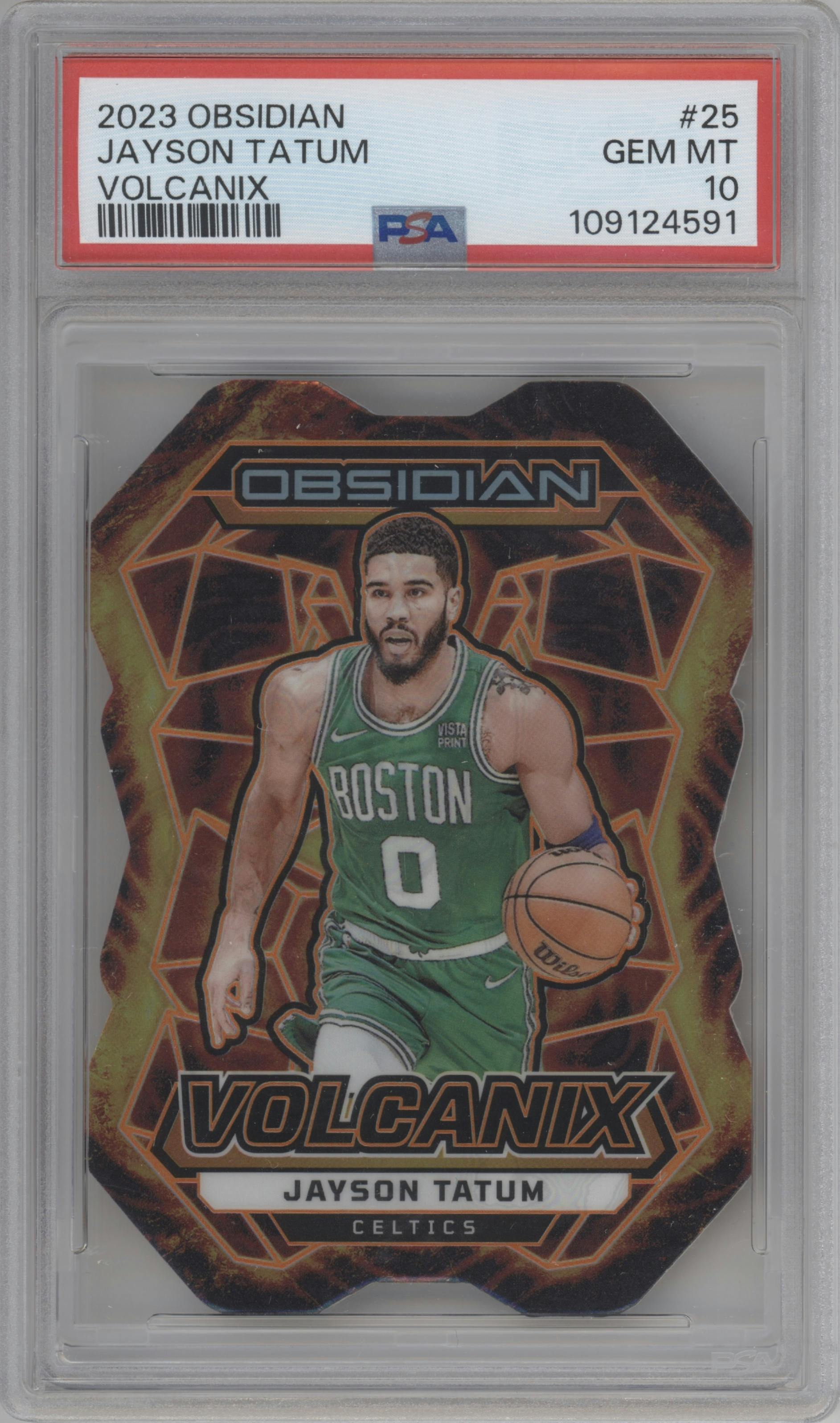Jayson Tatum from the 2023-24 Panini Obsidian set graded by PSA and given an overall grade of 10.