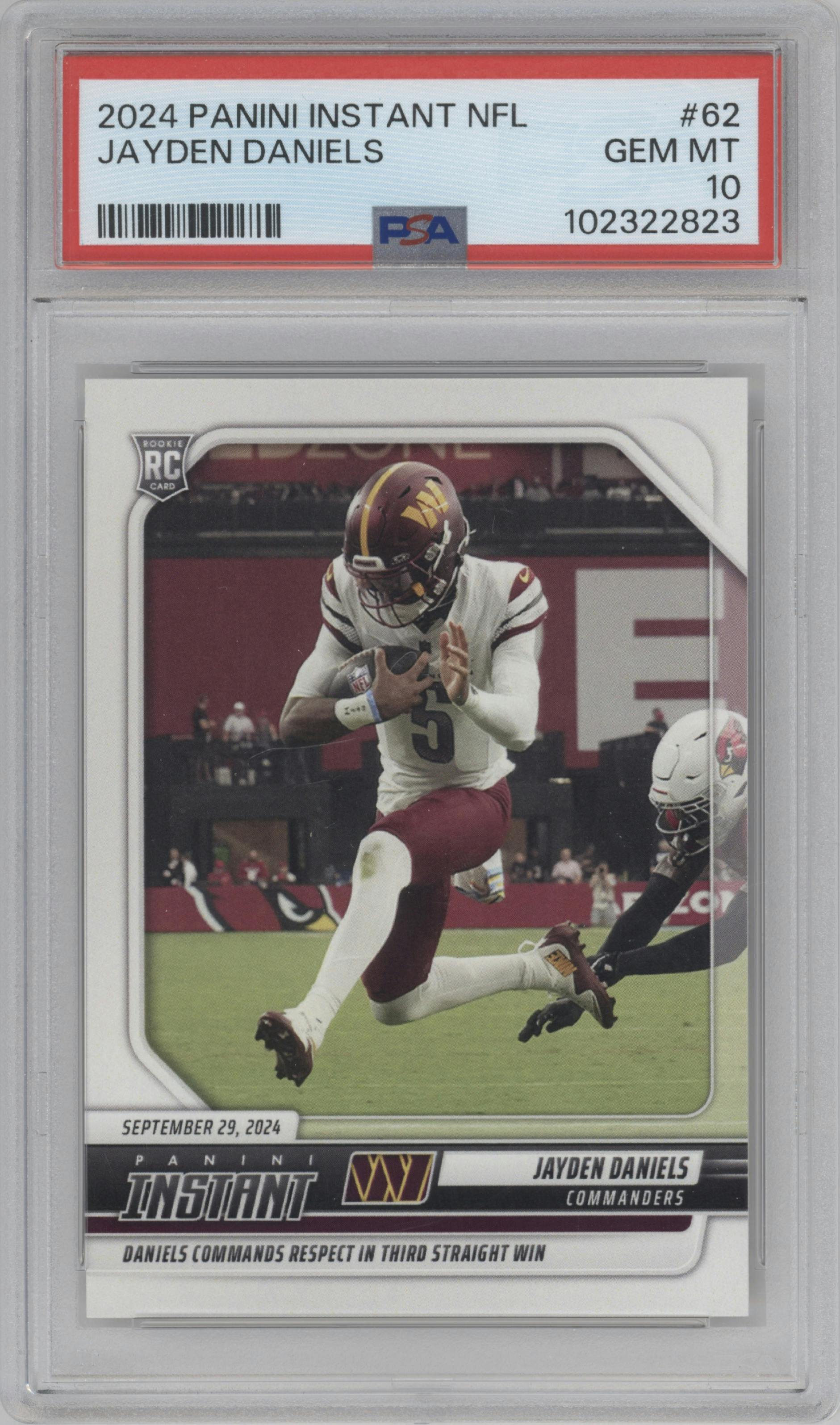 Jayden Daniels from the 2024 Panini Instant NFL set graded by PSA and given an overall grade of 10.