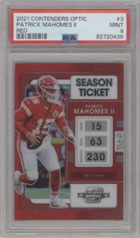 Patrick Mahomes II from the 2021 Panini Contenders Optic set featuring a Red parallel graded by PSA and given an overall grade of 9.