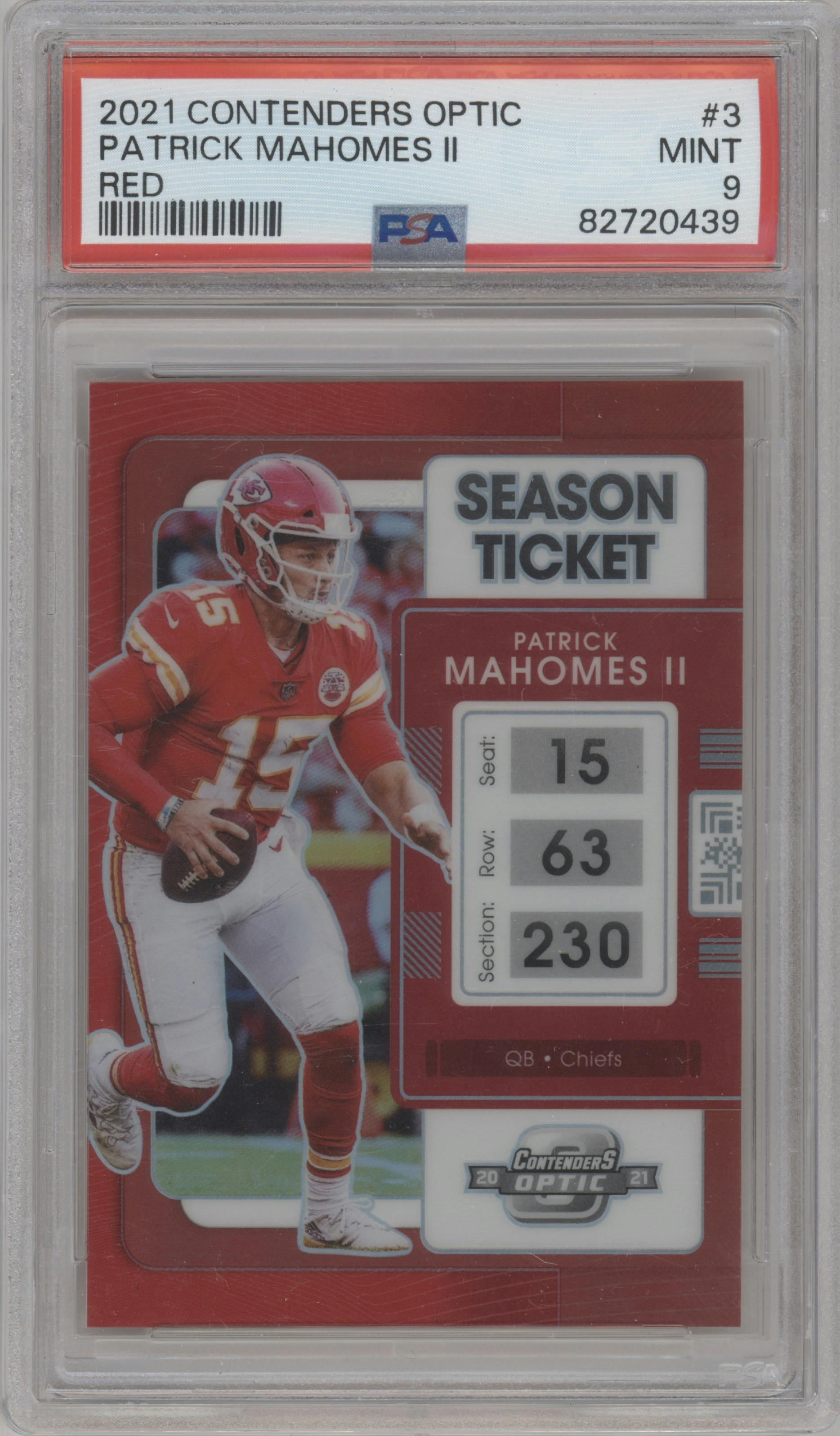 Patrick Mahomes II from the 2021 Panini Contenders Optic set featuring a Red parallel graded by PSA and given an overall grade of 9.