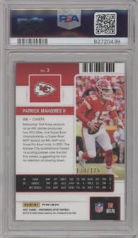 Patrick Mahomes II from the 2021 Panini Contenders Optic set featuring a Red parallel graded by PSA and given an overall grade of 9.