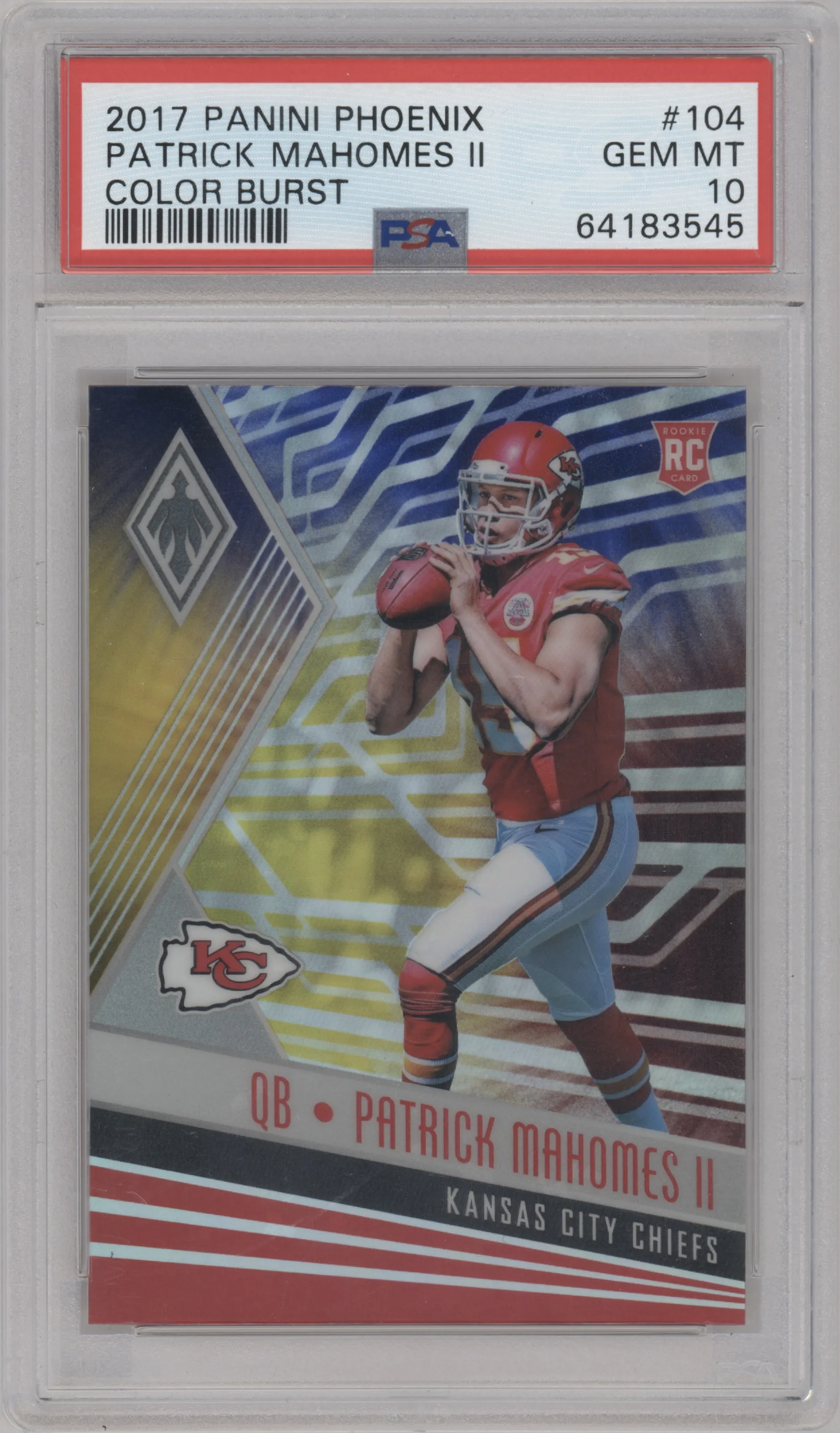 Patrick Mahomes II from the 2017 Panini Phoenix set featuring a Color Burst parallel graded by PSA and given an overall grade of 10.