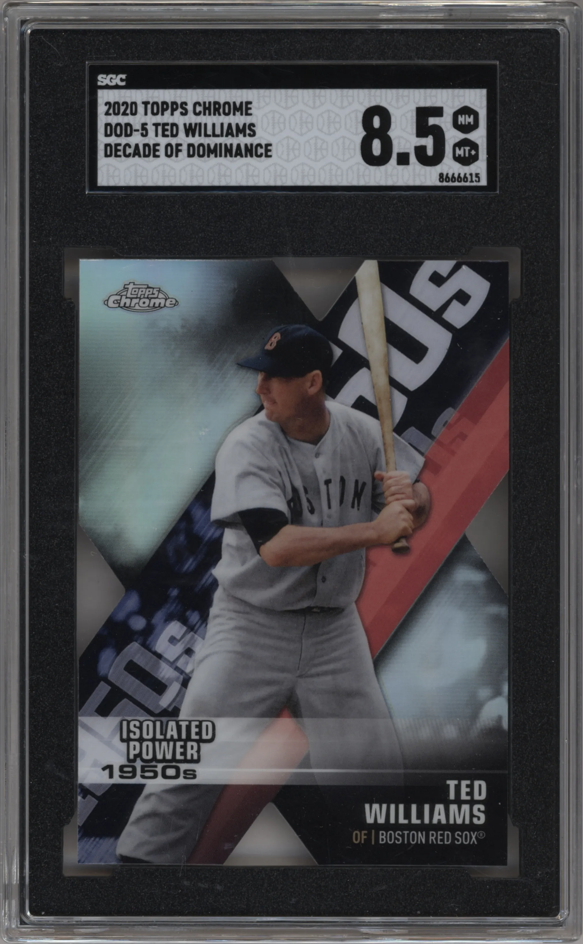Ted Williams from the 2020 Topps Chrome set graded by SGC and given an overall grade of 8.5.