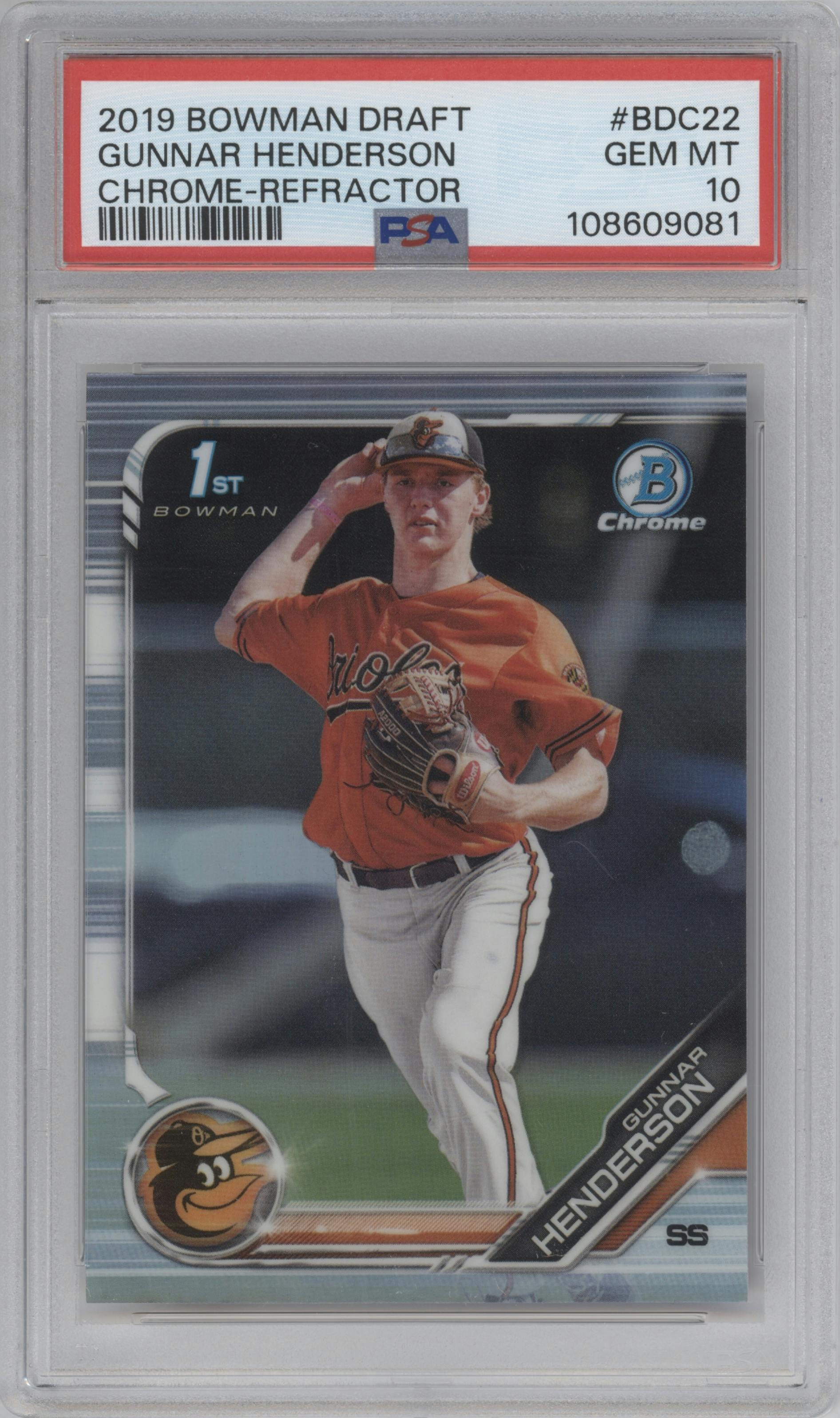 Gunnar Henderson from the 2019 Bowman Draft set graded by PSA and given an overall grade of 10.