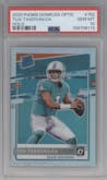 Tua Tagovailoa from the 2020 Panini Donruss Optic set featuring a Holo parallel graded by PSA and given an overall grade of 10.