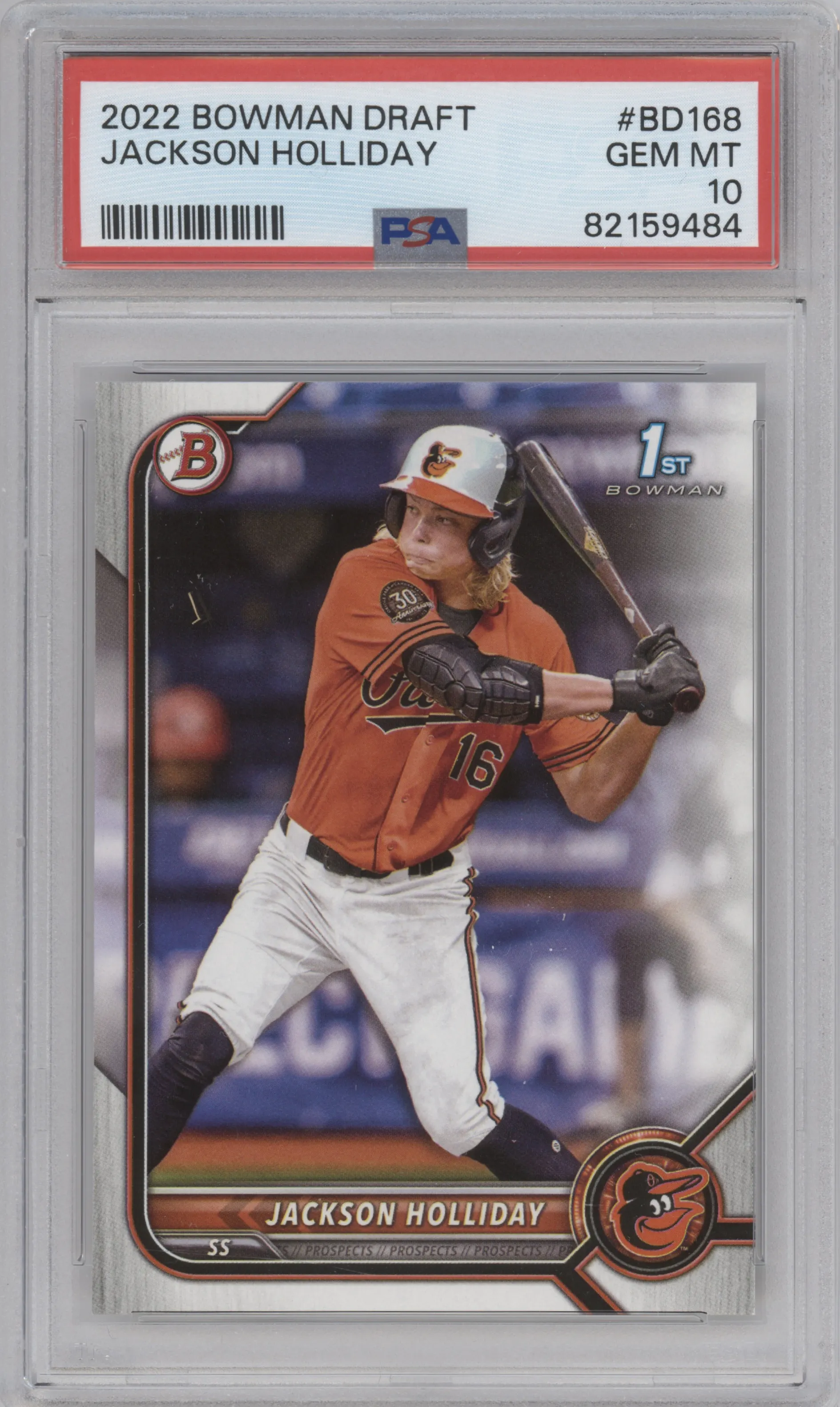 Jackson Holliday from the 2022 Bowman Draft set graded by PSA and given an overall grade of 10.