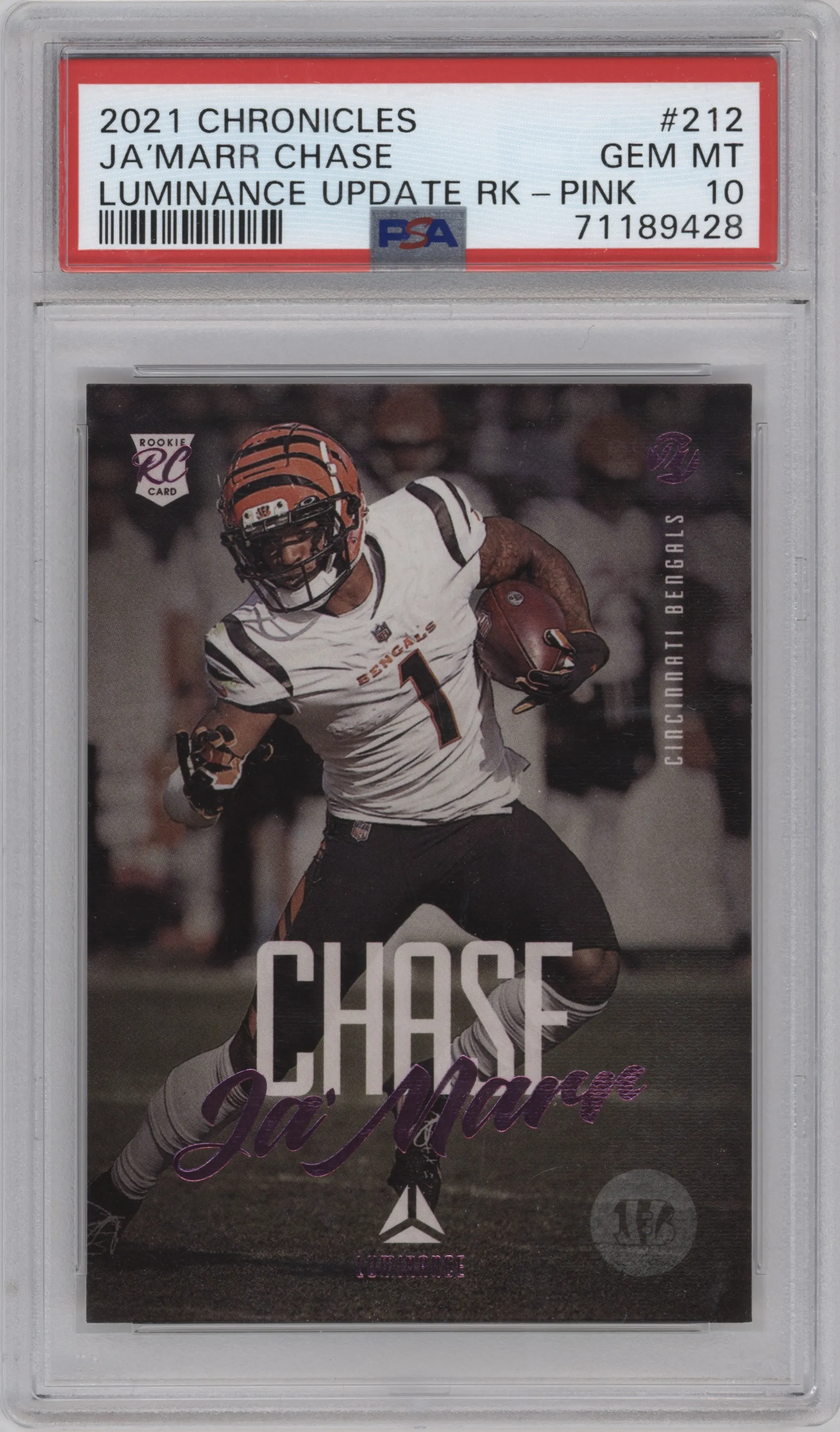 Ja'Marr Chase from the 2021 Panini Chronicles set featuring a Pink parallel graded by PSA and given an overall grade of 10.
