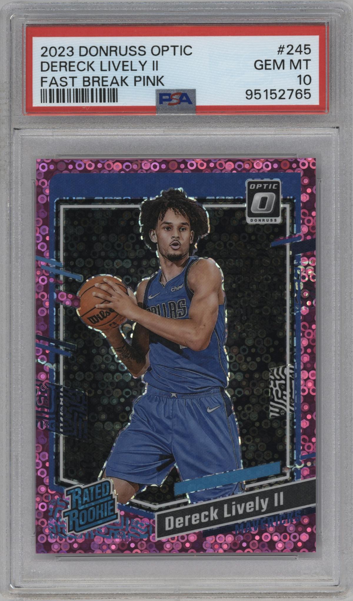 Dereck Lively II from the 2023-24 Donruss Optic set featuring a Fast Break Pink parallel graded by PSA and given an overall grade of 10.