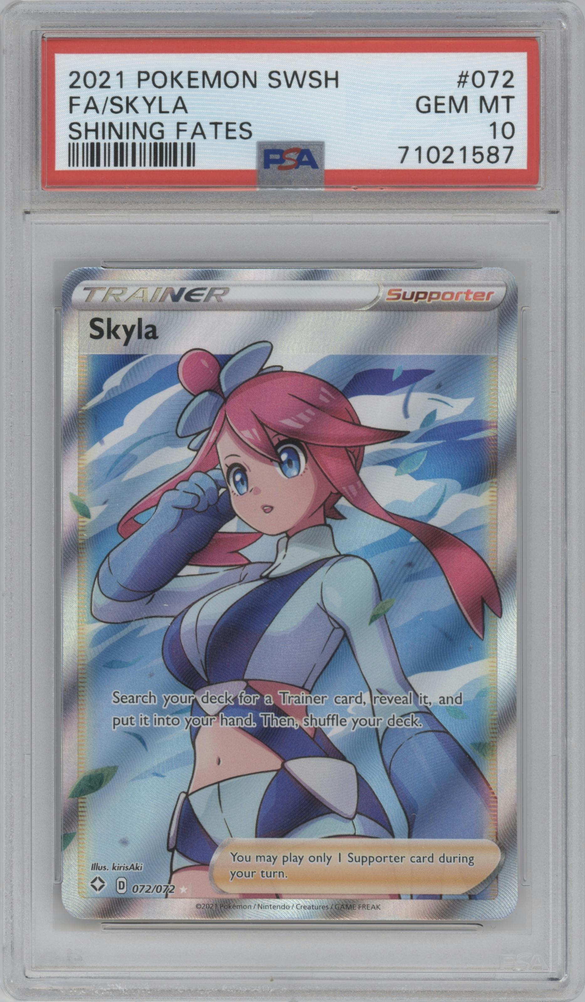 Skyla from the 2021 Pokemon SWSH set graded by PSA and given an overall grade of 10.