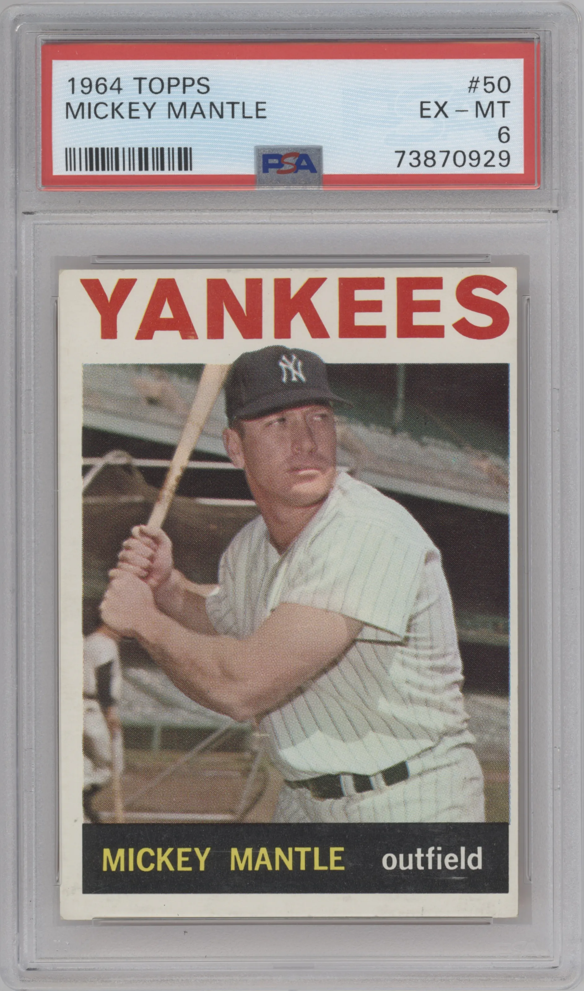 Mickey Mantle from the 1964 Topps set graded by PSA and given an overall grade of 6.