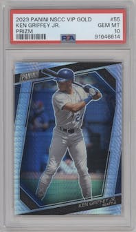 Ken Griffey Jr. from the 2023 Panini The National VIP set featuring a Prizm parallel graded by PSA and given an overall grade of 10.