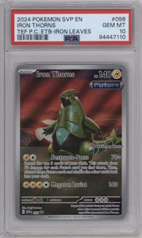 Iron Thorns from the 2024 Pokemon SV set featuring a Temporal Forces Pokemon Center Elite Trainer Boxes parallel graded by PSA and given an overall grade of 10.