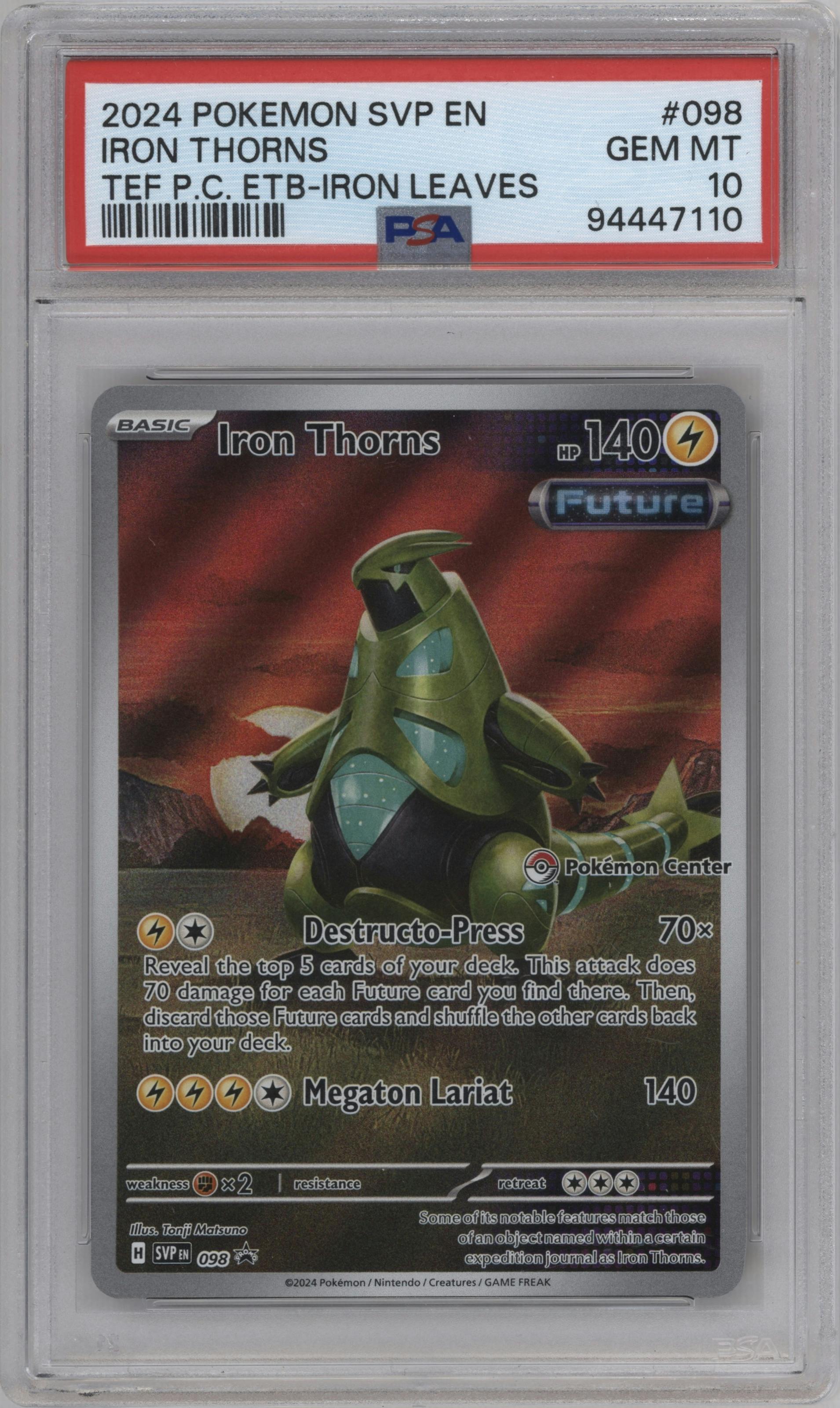 Iron Thorns from the 2024 Pokemon SV set featuring a Temporal Forces Pokemon Center Elite Trainer Boxes parallel graded by PSA and given an overall grade of 10.