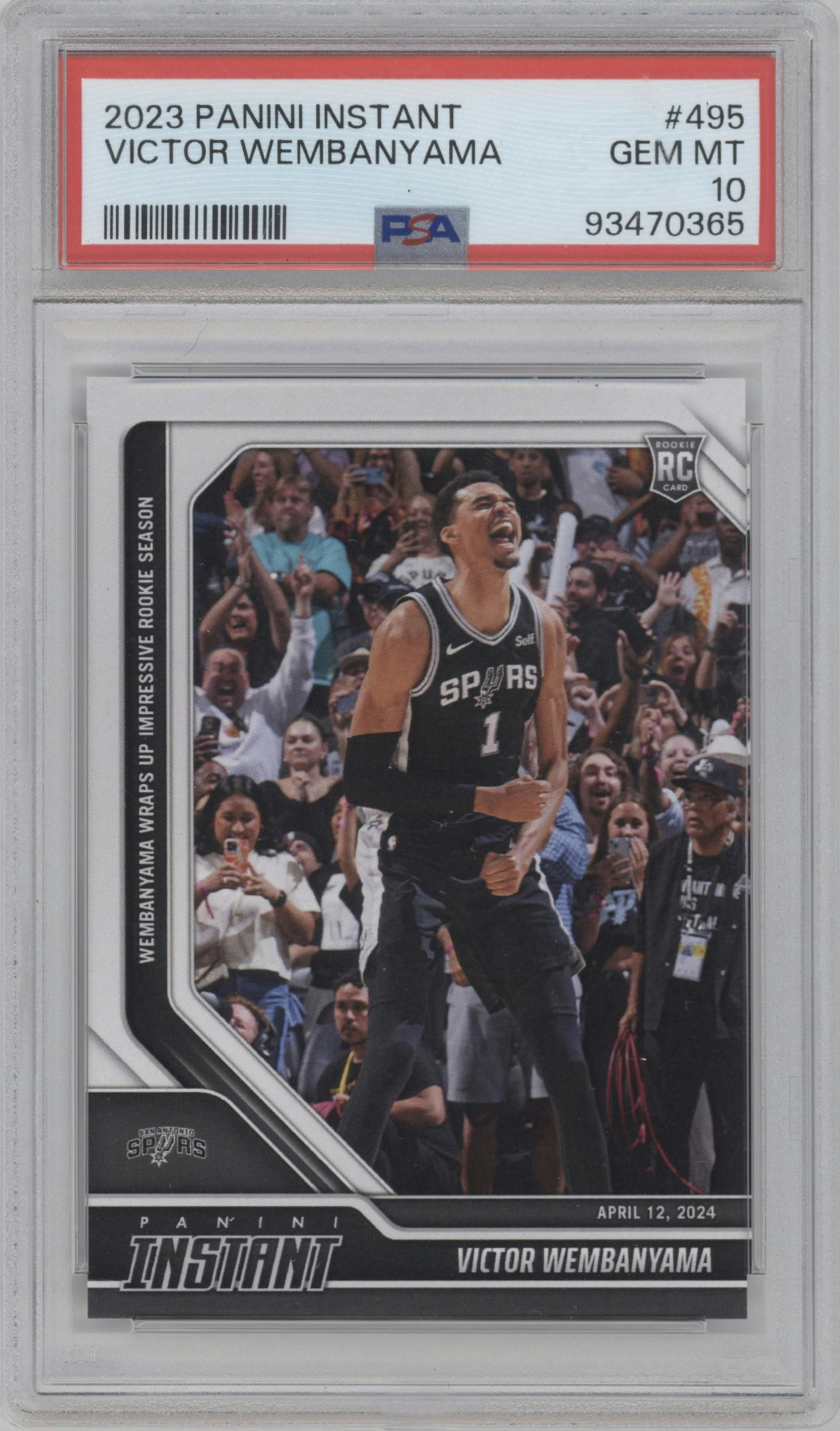 Victor Wembanyama from the 2023-24 Panini Instant NBA set graded by PSA and given an overall grade of 10.