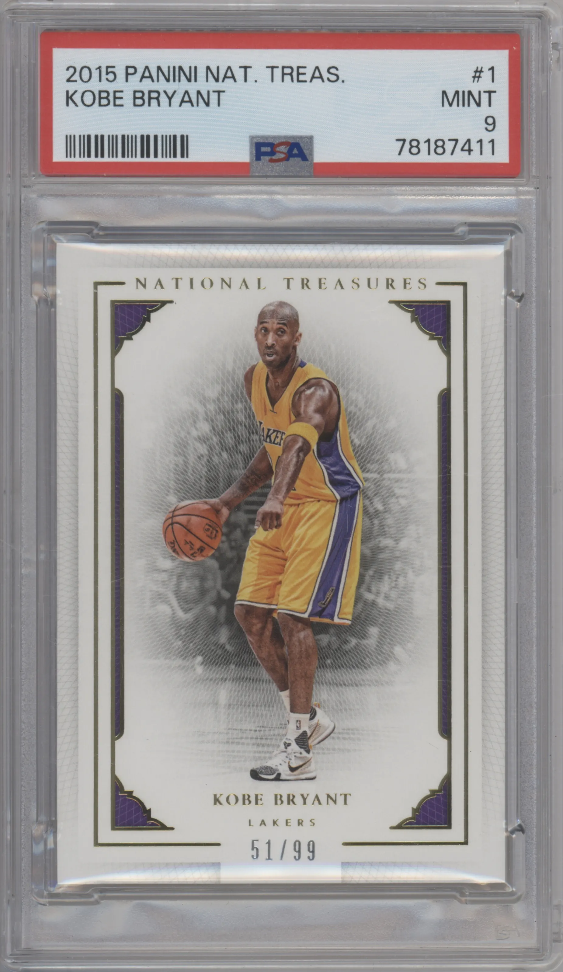 Kobe Bryant from the 2015-16 Panini National Treasures  set graded by PSA and given an overall grade of 9.