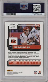 Joe Burrow from the 2022 Panini Donruss Optic set featuring a  Pink Velocity parallel graded by PSA and given an overall grade of 10.