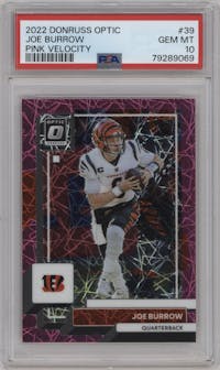 Joe Burrow from the 2022 Panini Donruss Optic set featuring a  Pink Velocity parallel graded by PSA and given an overall grade of 10.