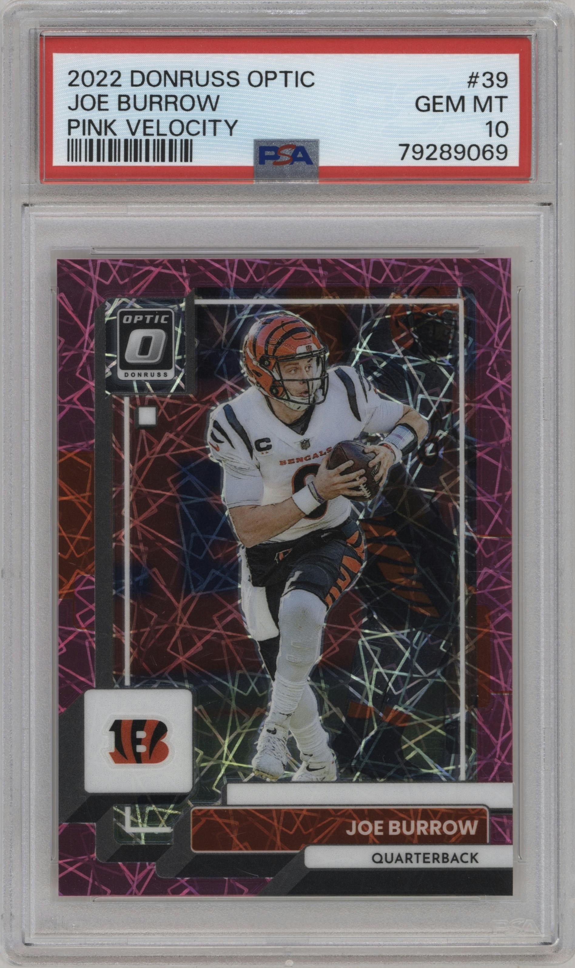Joe Burrow from the 2022 Panini Donruss Optic set featuring a  Pink Velocity parallel graded by PSA and given an overall grade of 10.