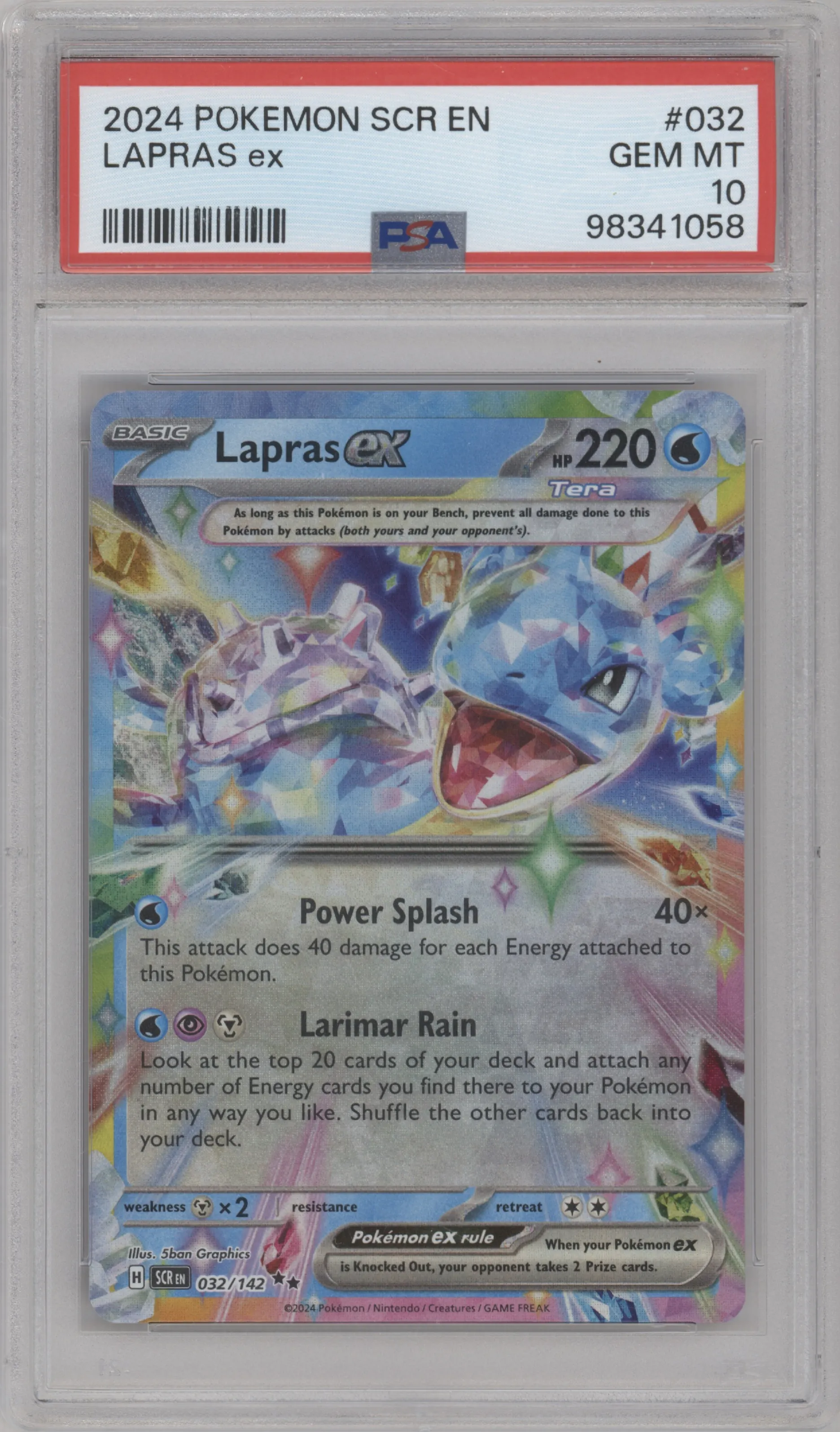 Lapras ex from the 2024 Pokemon SV set graded by PSA and given an overall grade of 10.