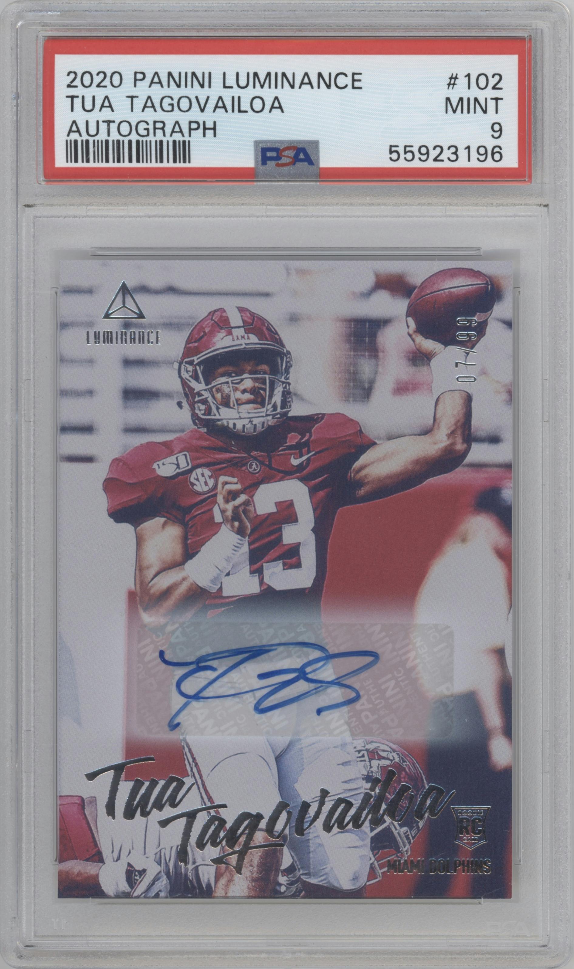 Tua Tagovailoa from the 2020 Panini Luminance set graded by PSA and given an overall grade of 9.