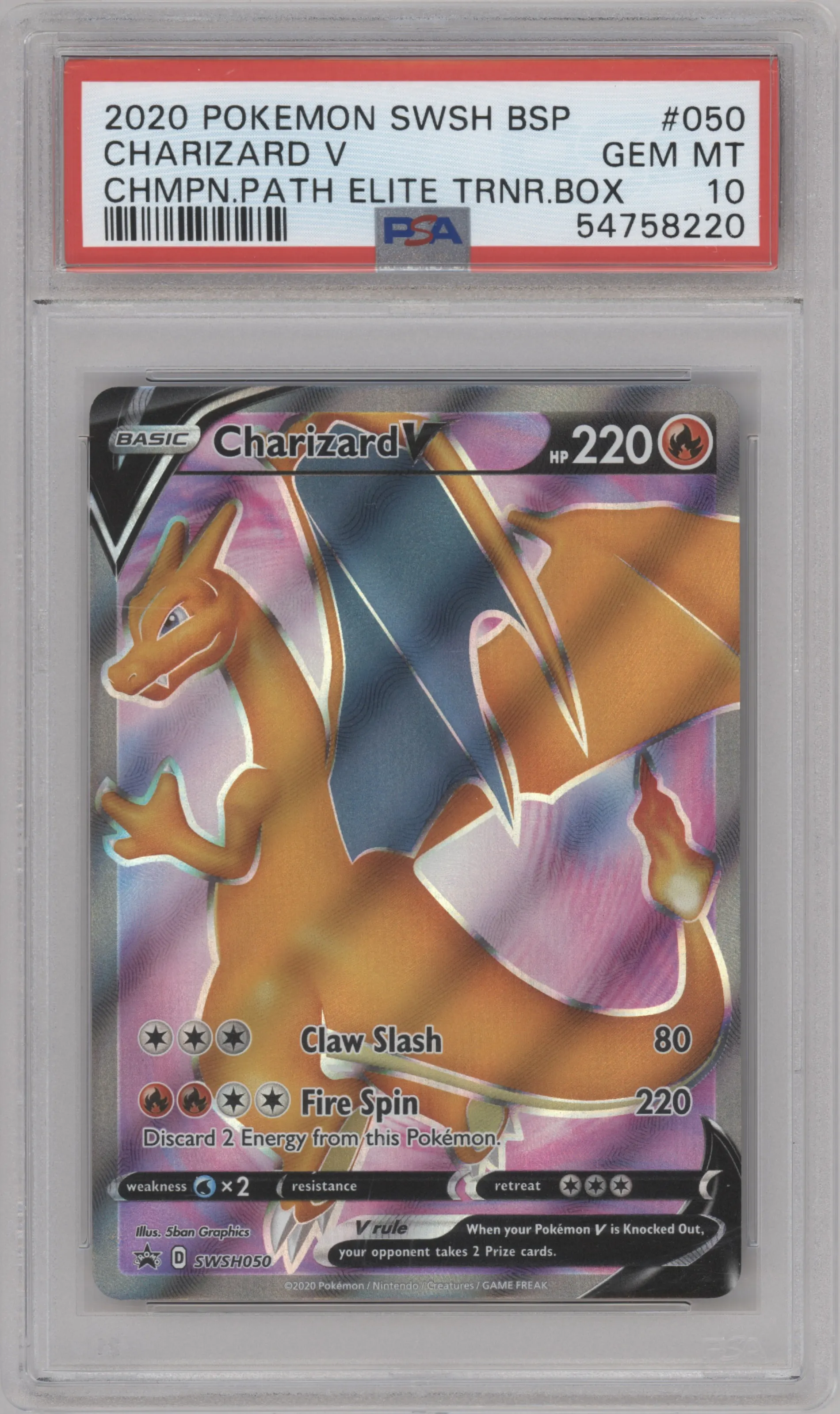 Charizard V from the 2020 Pokemon SWSH set featuring a Champion's Path ETB parallel graded by PSA and given an overall grade of 10.