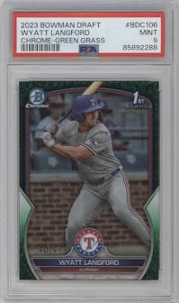 Wyatt Langford from the 2023 Bowman Draft set featuring a Green Grass Refractor parallel graded by PSA and given an overall grade of 9.