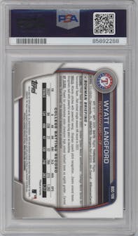 Wyatt Langford from the 2023 Bowman Draft set featuring a Green Grass Refractor parallel graded by PSA and given an overall grade of 9.