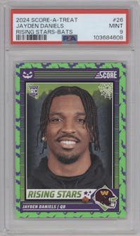 Jayden Daniels from the 2024 Score-a-Treat set featuring a Bats parallel graded by PSA and given an overall grade of 9.