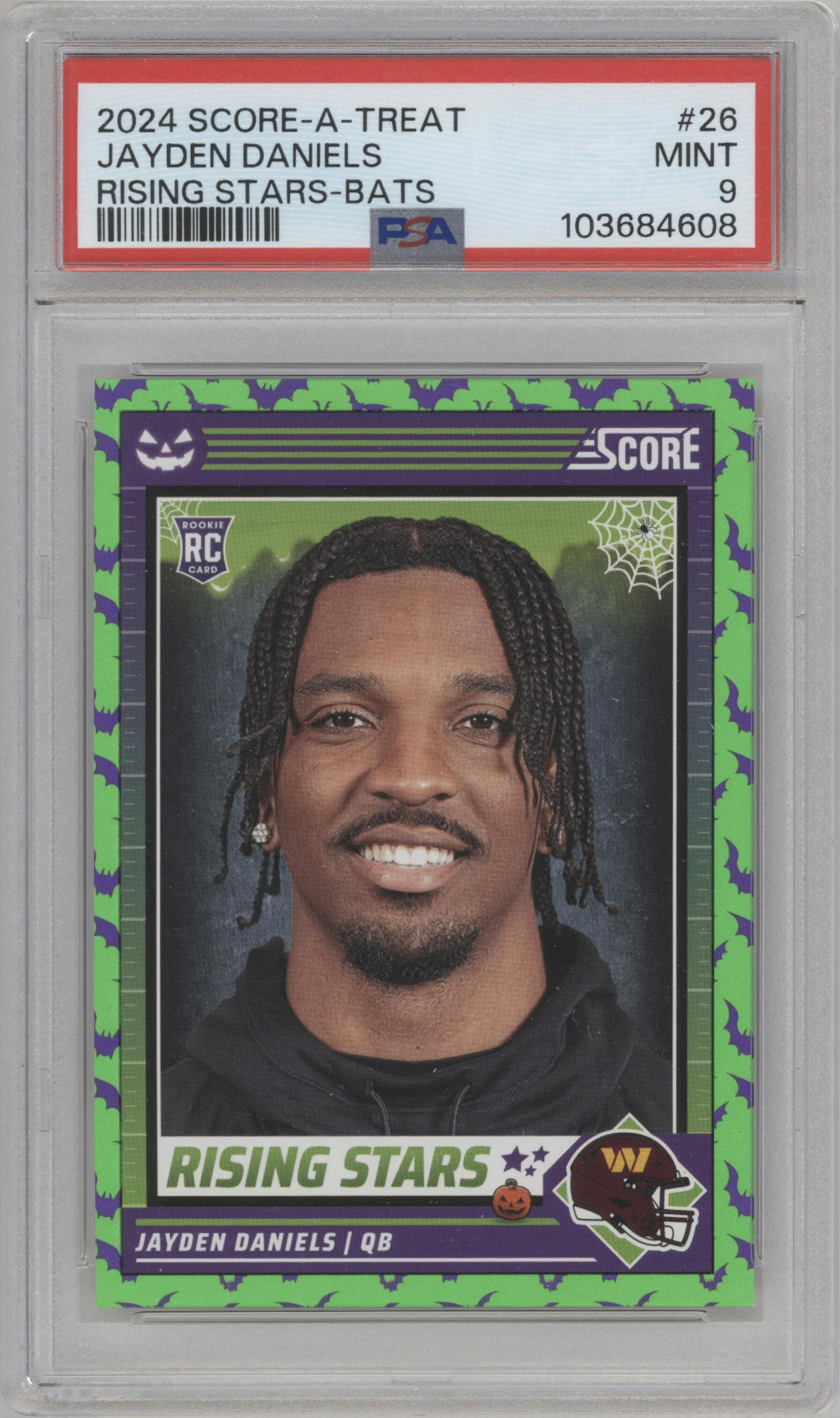 Jayden Daniels from the 2024 Score-a-Treat set featuring a Bats parallel graded by PSA and given an overall grade of 9.