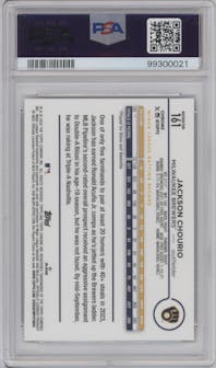 Jackson Chourio from the 2024 Topps Chrome set featuring a Refractor parallel graded by PSA and given an overall grade of 10.